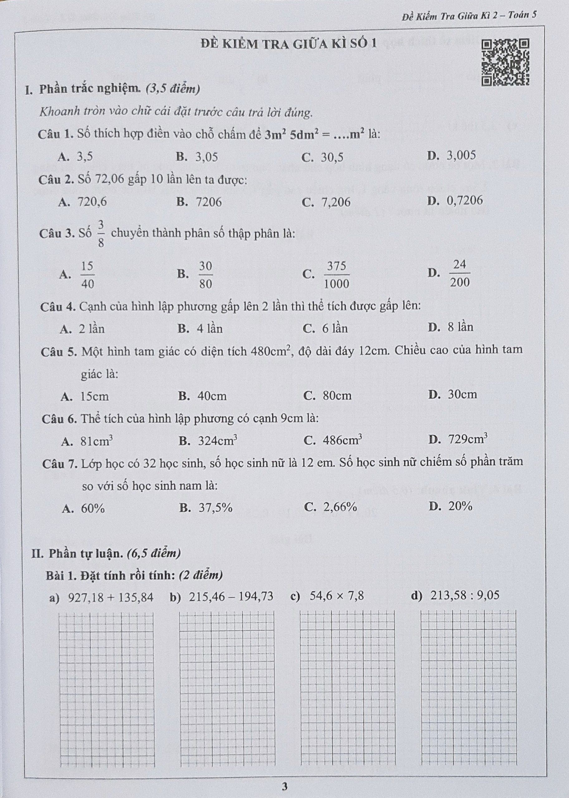 Sách - Đề kiểm tra Toán 5 học kì I + II