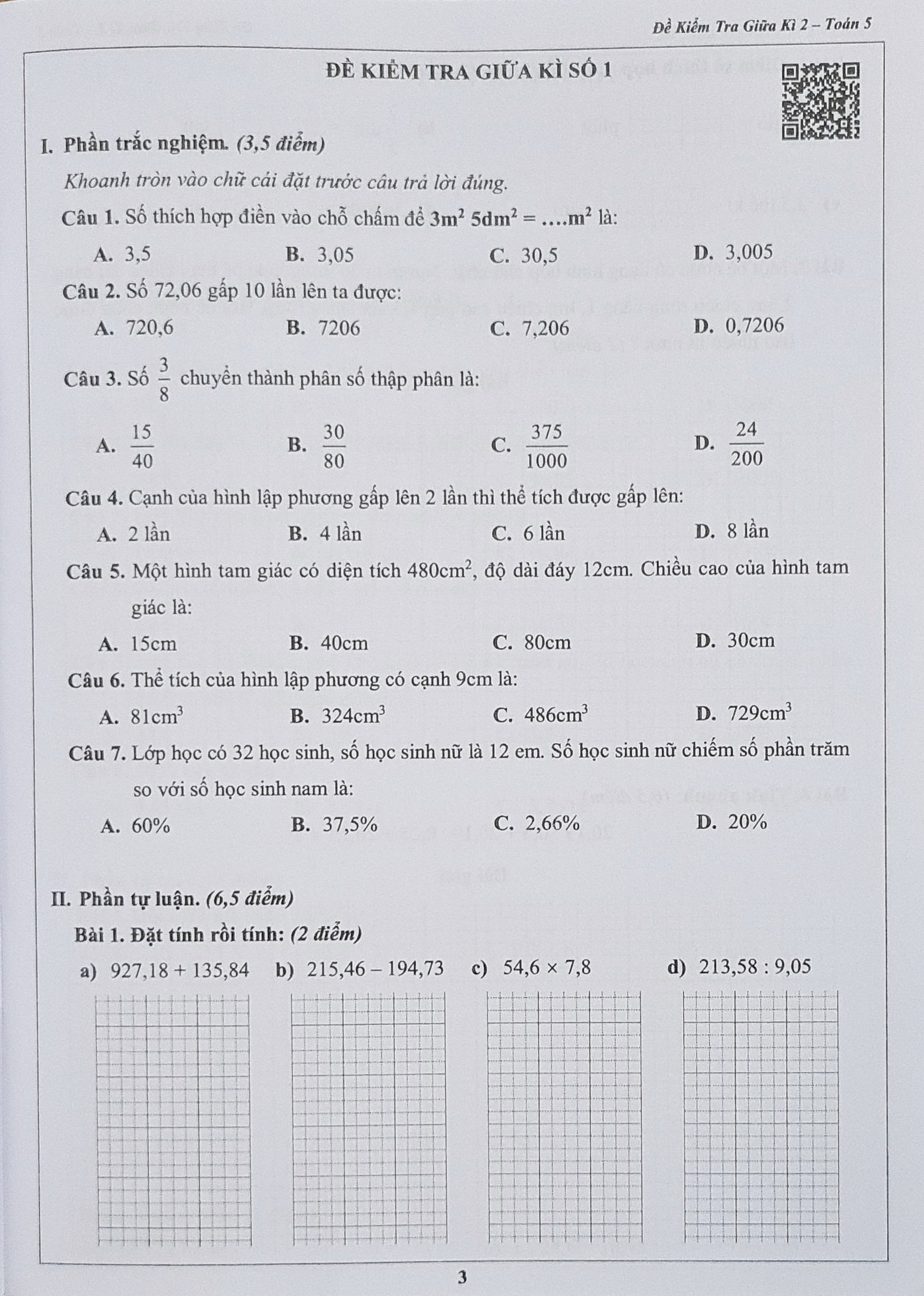 Sách - Đề kiểm tra Toán 5 học kì I + II