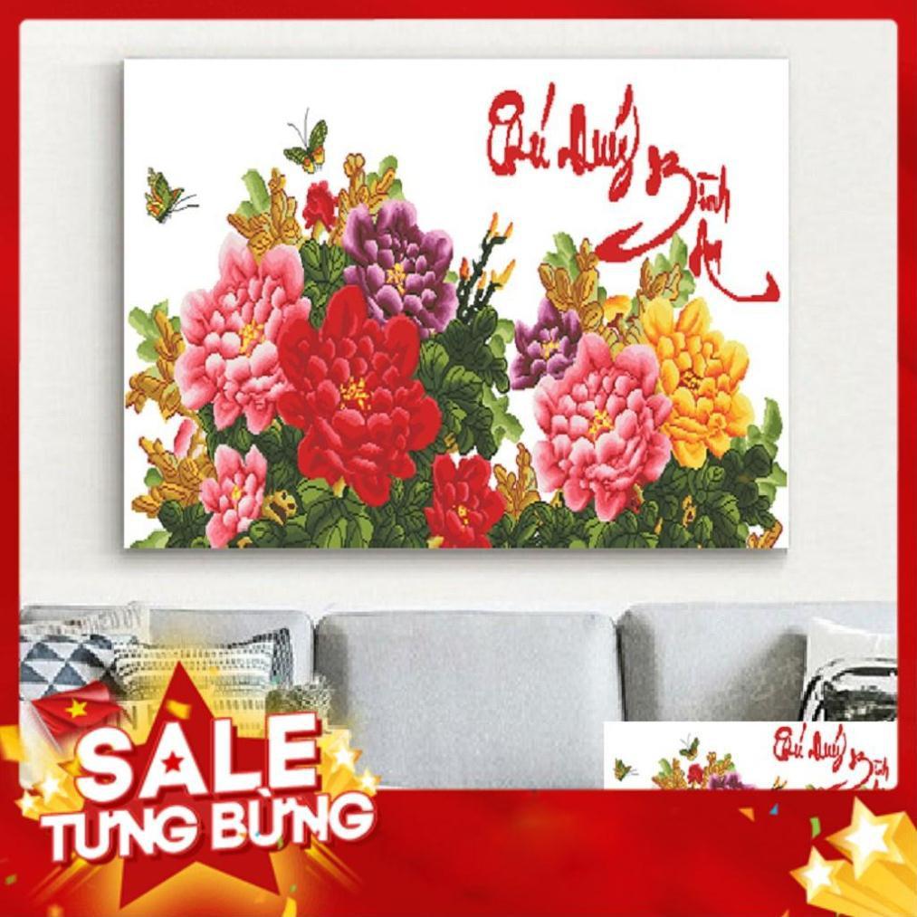 124*62CM TRANH THÊU CHỮ THẬP HOA KHAI PHÚ QUÝ TRANH CHƯA THÊU HOA MẪU ĐƠN LV3272