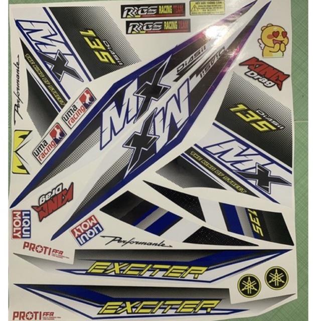 Tem exciter 135 MX trắng xanh đen