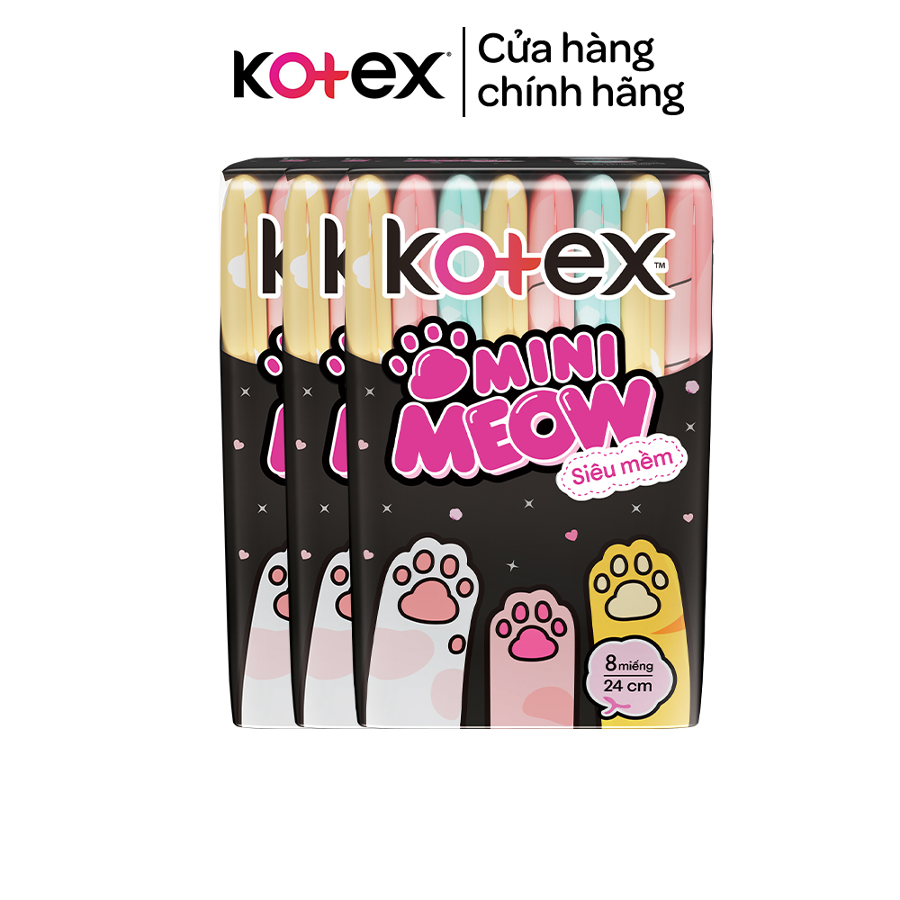 Combo 3 Băng vệ sinh Kotex MiniMeow Siêu mềm siêu mỏng cánh 8 miếng