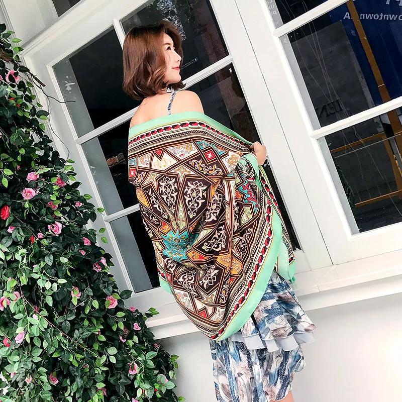 Khăn choàng boho đi biển họa tiết xanh khối size 180*95cm