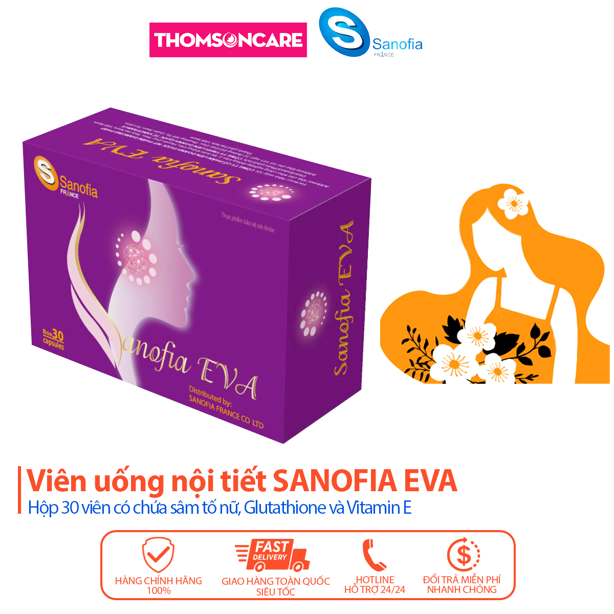 Viên uống nội tiết SANOFIA EVA Tím, Tăng nội tiết tố làm giảm lão hóa, làm đẹp da tuổi tiền mãn kinh - Hộp 30 viên Thomsoncare