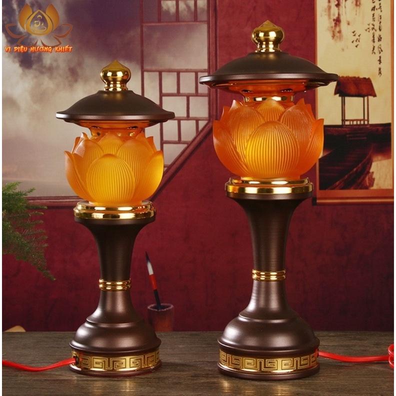 CẶP 2 CÂY ĐÈN LED HOA SEN LƯU LY THỜ CÚNG TRANG TRÍ