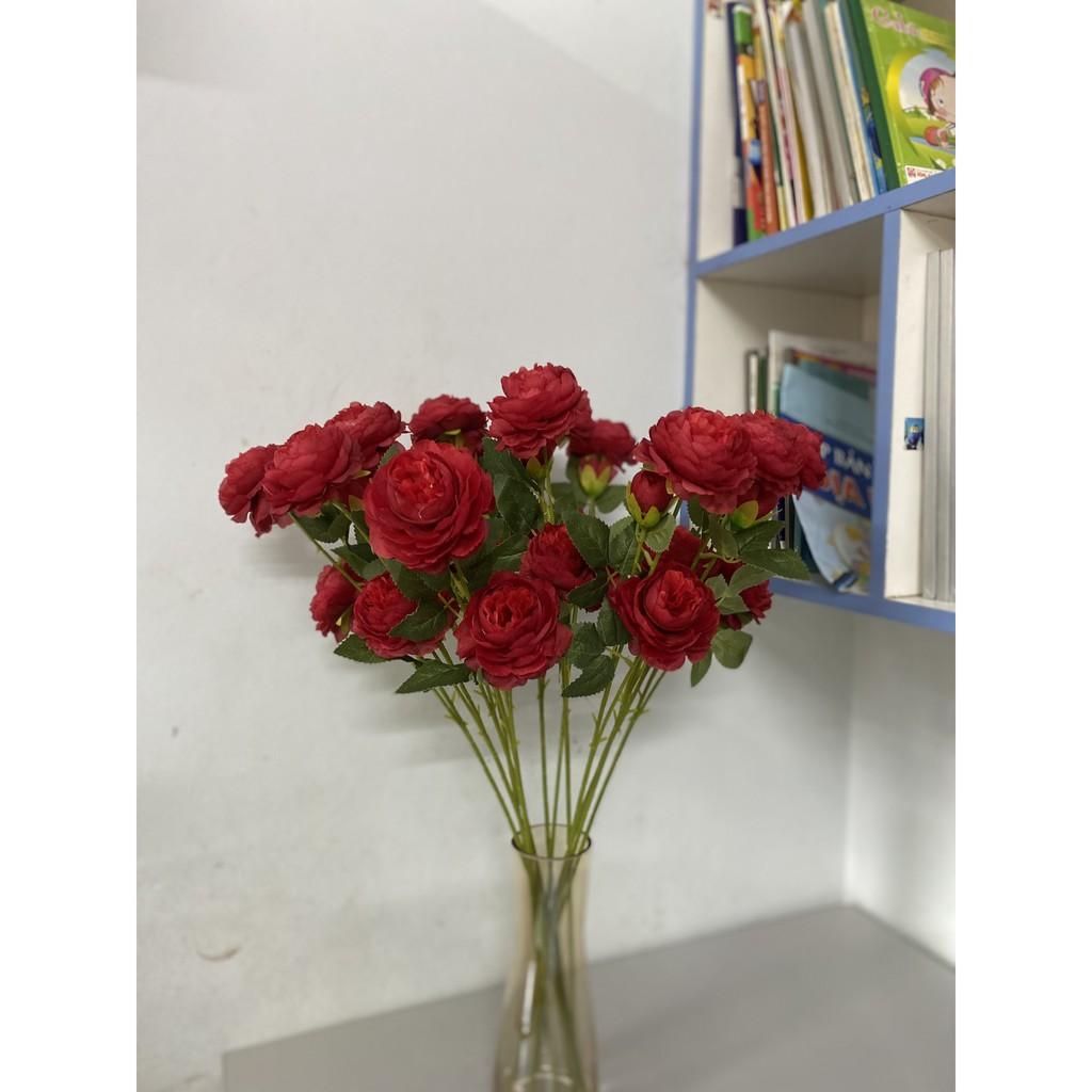 Hoa hồng lụa mẫu đơn cành lớn 2 bông 8cm 1 nụ, trang trí nội thất, văn phòng, nhà cửa