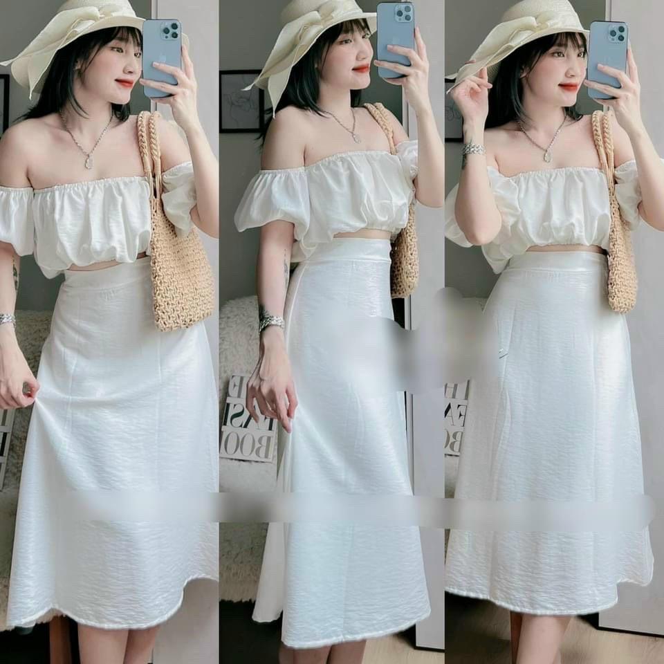 Set bộ đồ nữ áo trễ vai phối chân váy dài nhẹ nhàng, nữ tính thích hợp cho các nàng đi dạo phố, đi biển