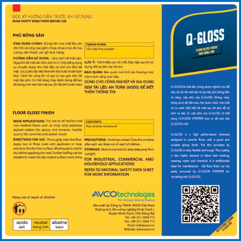 Phủ Bóng Sàn gốc Acrylic AVCOChem - Q-GLOSS - Siêu bóng bền đẹp - Thùng carton (4 x can 4 lít) - Hàng Chính Hãng