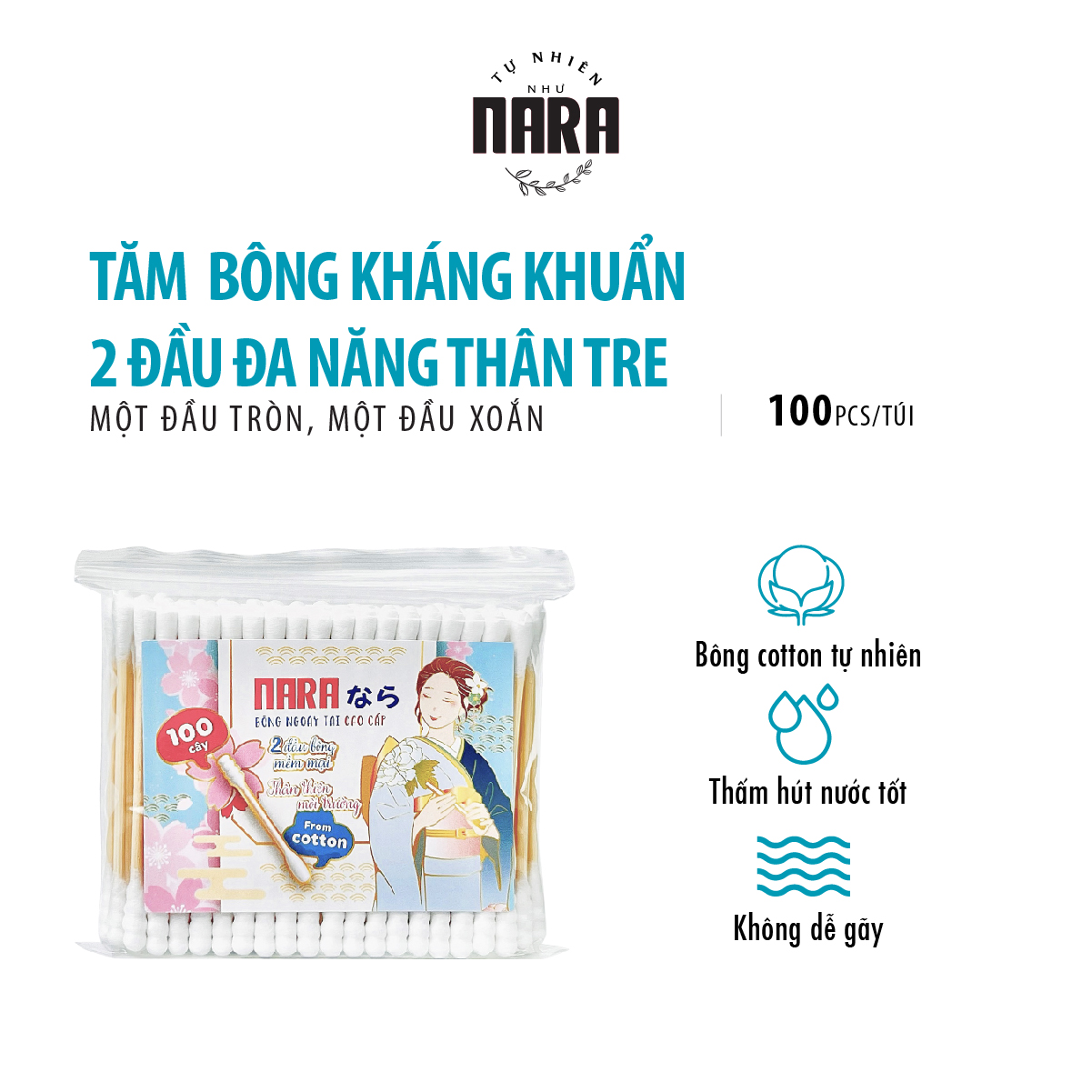 Tăm bông Nara 2 đầu đa năng màu xanh túi 100 cái