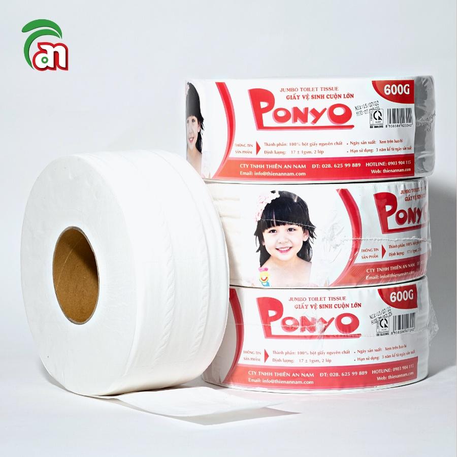 Combo 5 lốc Giấy vệ sinh cuộn lớn PONYO JB600 2 lớp chất lượng cao lụa trơn 600g - Thiên An Nam paper