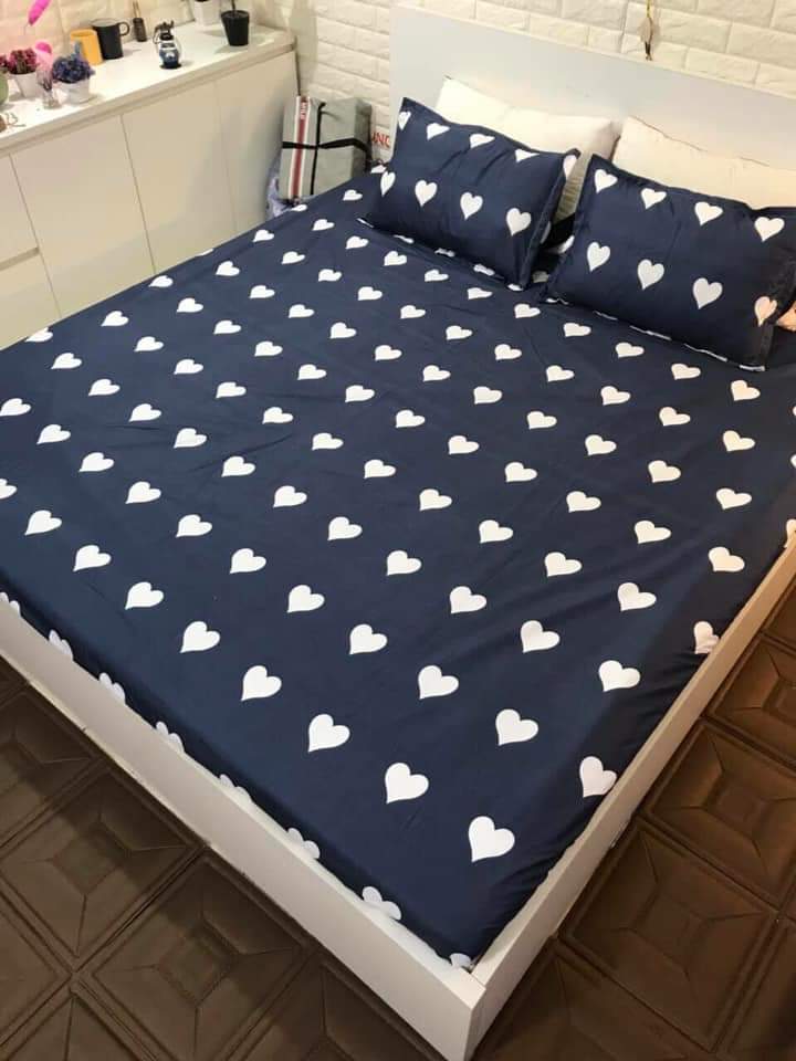 Set 5 món chăn hè ga chun Cotton Poly - Tim Xanh - Tặng kèm 1 móc khóa Houston