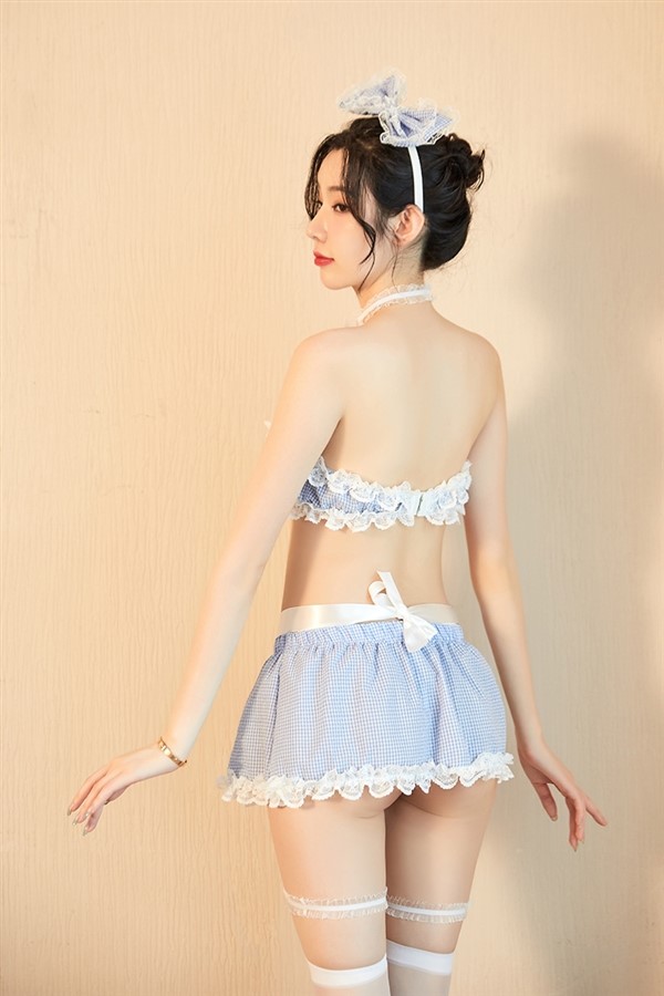 Cosplay sexy hầu gái - Bộ đồ lót nữ sexy gợi cảm - Set đồ cô hầu gái trễ vai kẻ caro xanh