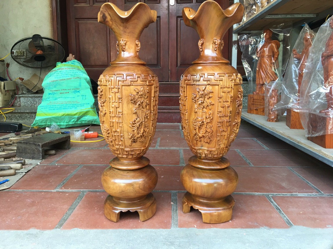 Cặp lục bình trạm khắc tứ quý ,phong thủy hút tài lộc .bằng gỗ bách xanh kt cao 50×14,5cm