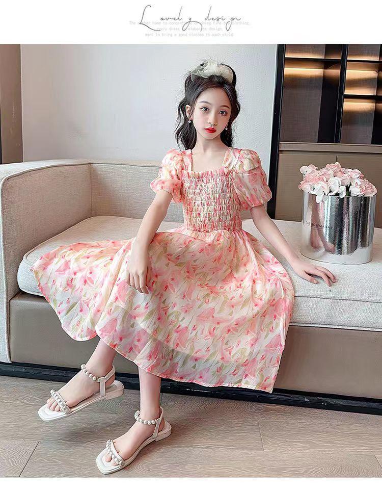 SHUANGYAN Cô gái váy mùa hè phong cách phương Tây 2023 Big Boy mùa hè váy chiffon mùa hè cô gái mảnh hoa mối tình đầu váy