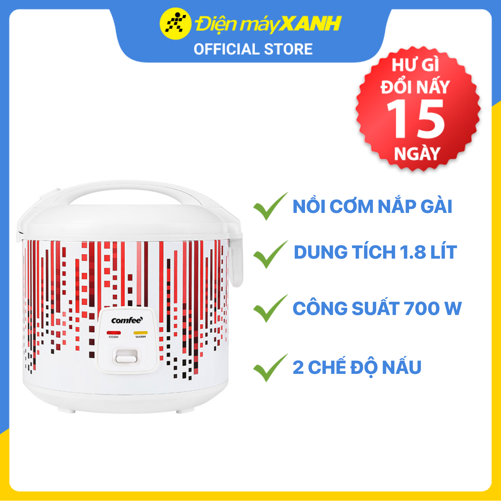 Nồi Cơm Điện Nắp Gài Comfee 1.8 Lít CR-CM1820(D) - Hàng Chính Hãng