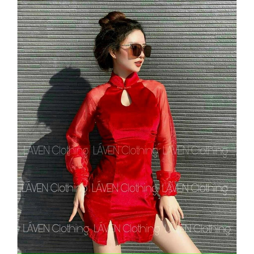 Đầm body cổ tàu giọt nước tay dài xẻ lai cực xinh