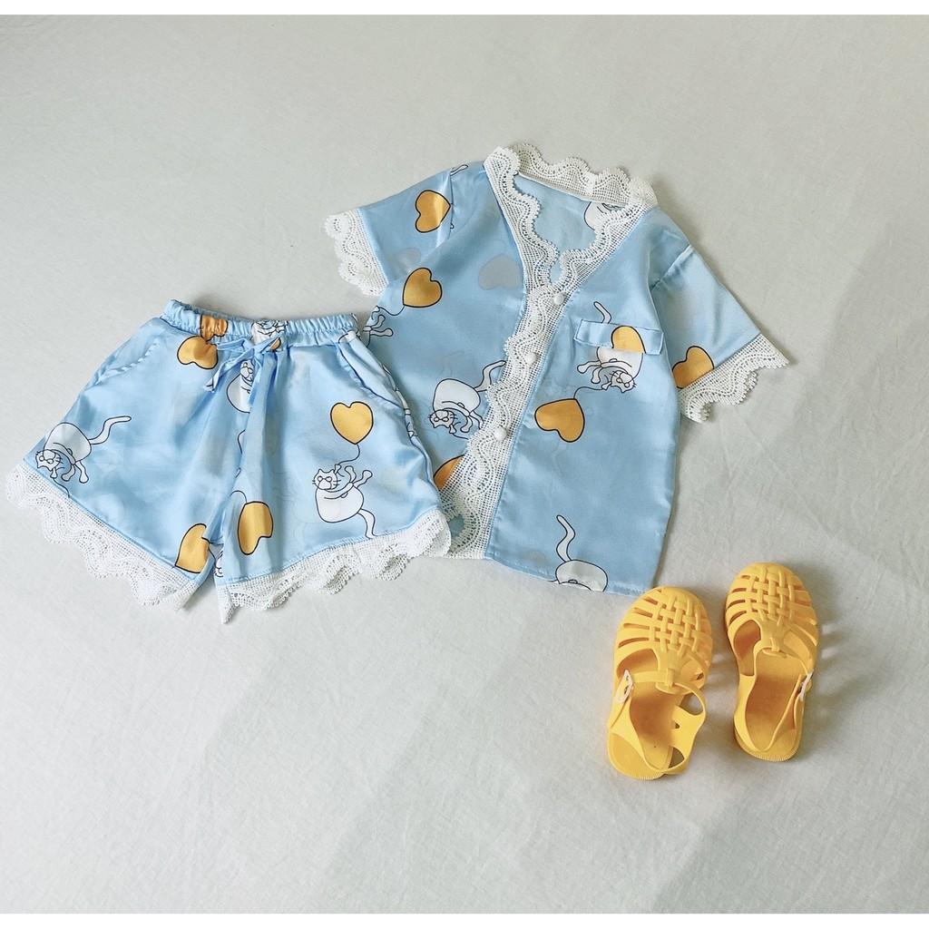 Bộ Ngủ Pijama Lụa Satin Tay Ngắn Siêu Xinh Cho Bé Gái