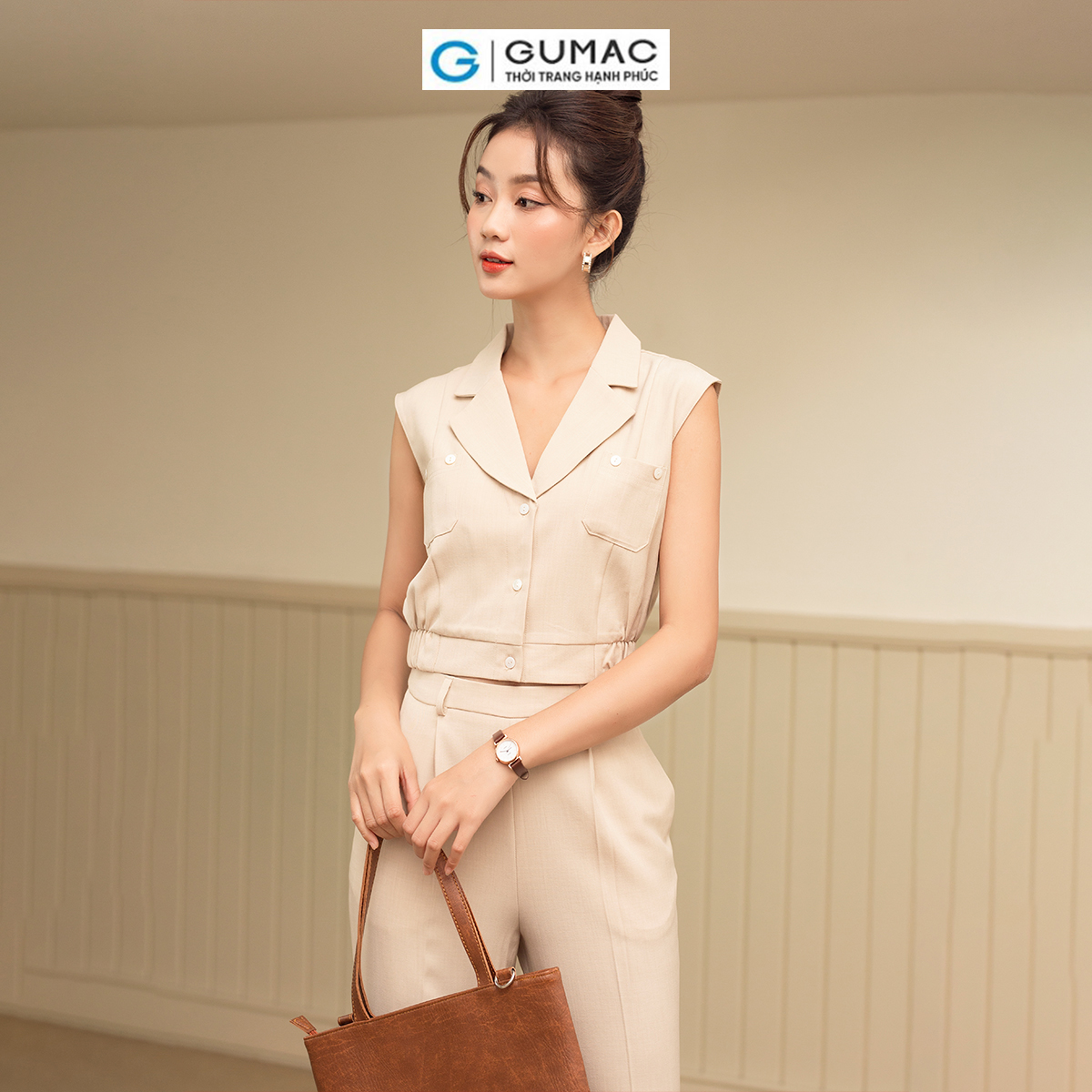 Set lẻ Áo lửng túi đắp thời trang GUMAC AD06004 - Quần culottes thắt nơ thời trang GUMAC QD06005
