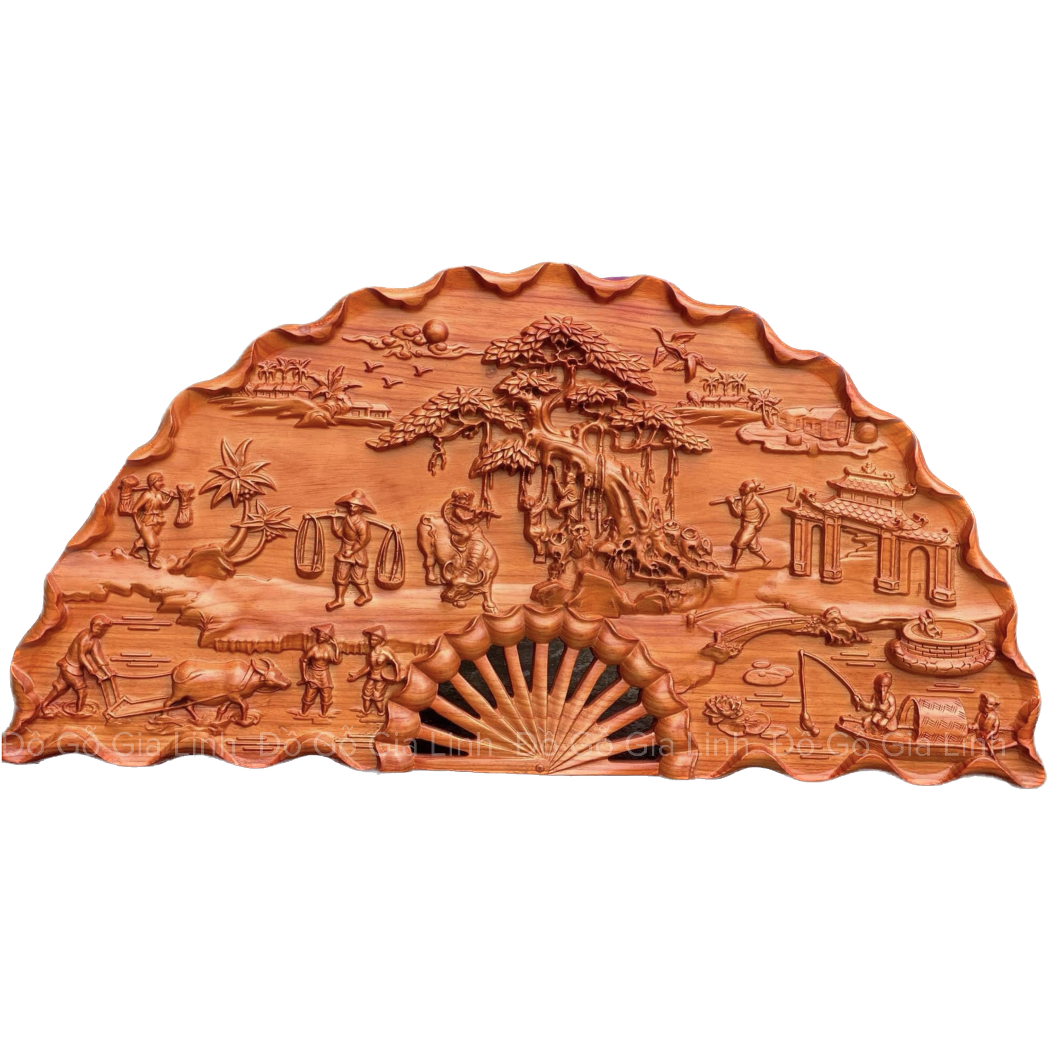 Tranh quạt gỗ Đồng quê Đồ Gỗ Gia Linh gỗ Hương đỏ liền khối KT 1m x 50cm x 4cm