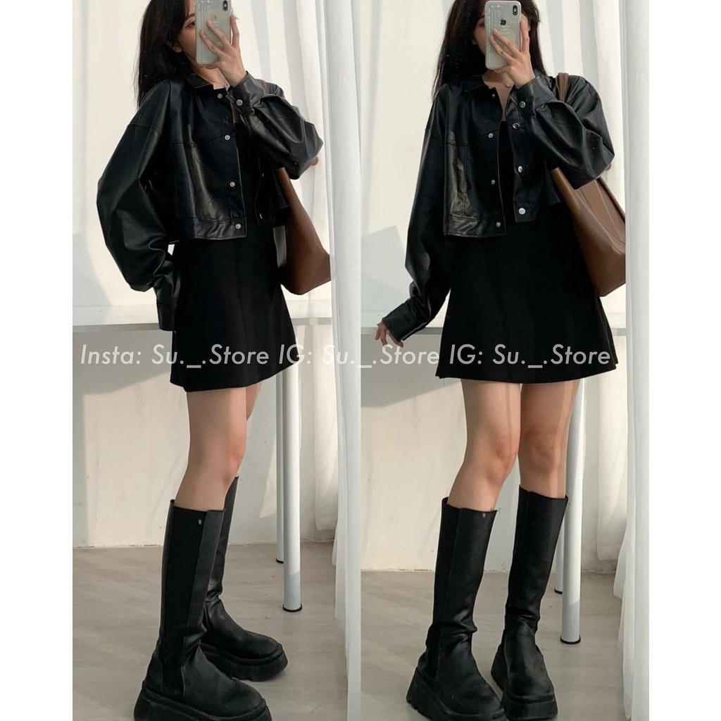ÁO KHOÁC DA DÁNG CROPTOP DÀI DAY CÚC BẤM HACK DÁNG
