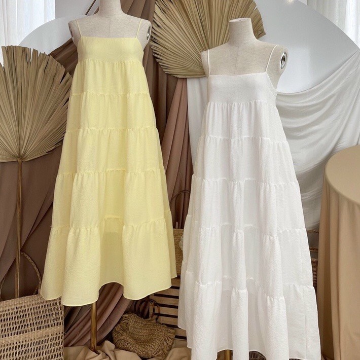 Maxi 2 dây nhún tầng form babydoll nhiều màu freesize