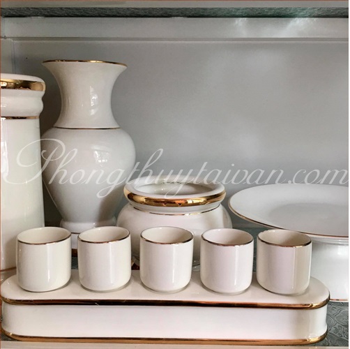 Bộ đồ cúng Sứ Trắng trơn Viền Vàng - thờ cúng