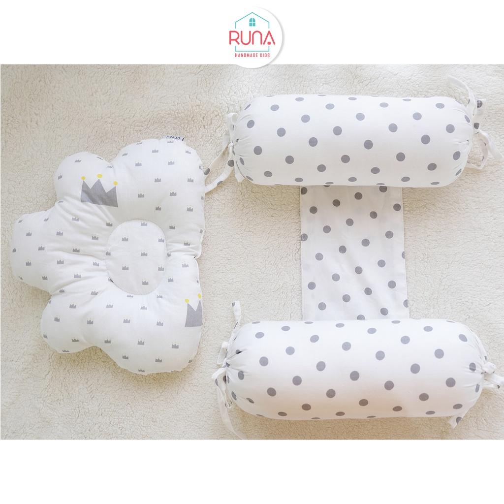 Gối lót chống bẹp đầu &amp; gối chặn RUNA KIDS họa tiết vương miện nhí, chấm bi - Chất liệu Cotton Hàn 100% cao cấp, mềm mịn