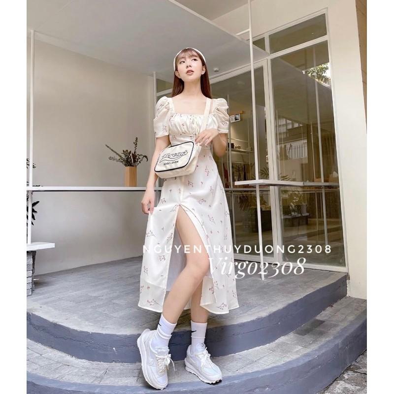 Váy hoa nhúm ngực xẻ tà tay bồng/Đầm hoa Wedding dress