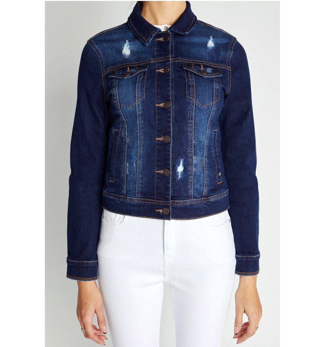 Áo Khoác Denim jacket E//jean dành cho Nữ. Chất jeans mềm, co giãn thoải mái.K Nón, Xanh Đậm, Rách xướt