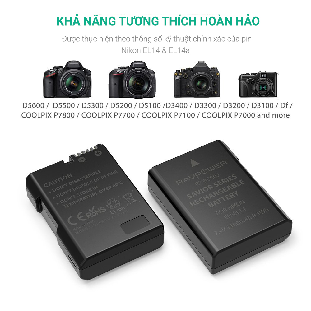 Bộ 2 Pin + 1 Sạc đôi Ravpower EN-EL14 Cho NikoN D3100, D3200, D3300, D3400, D5100, D5200, D5300, D5500, D5600 Coolpix P7000, P7100, P7200, P7700, P7800, P8000 và Nikon DF (Chính Hãng Ravpower)