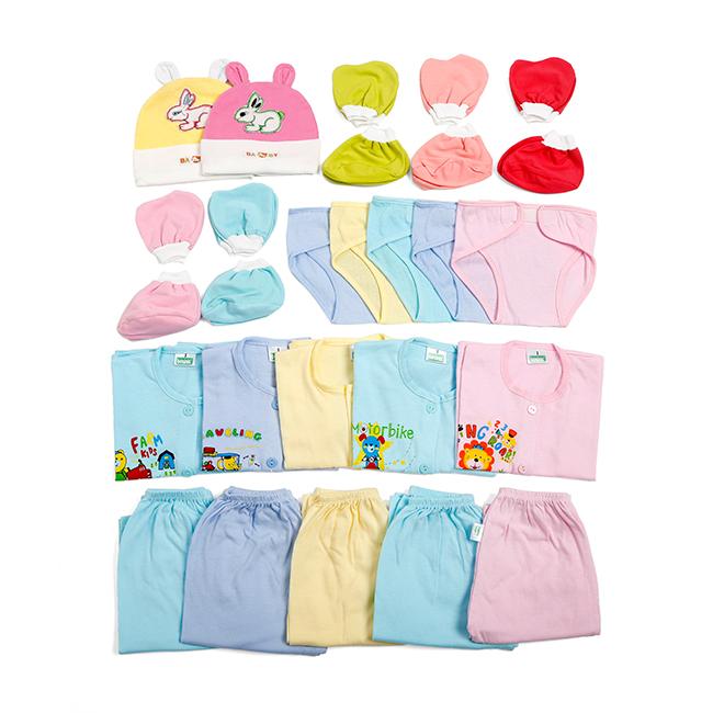 Combo 27 món màu cho trẻ sơ sinh (0-6th)(5 áo tay ngắn + 5 quần + 10 bao tay chân + 2 nón + 5 tã)