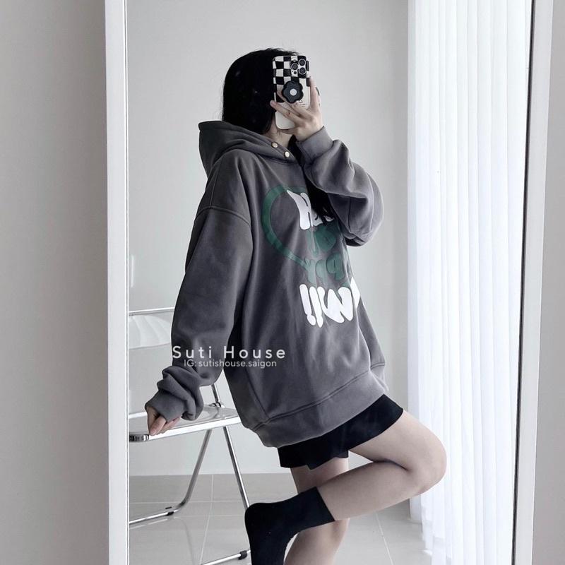 Áo hoodie nữ Oversize Logo In form rộng kiểu dáng basic