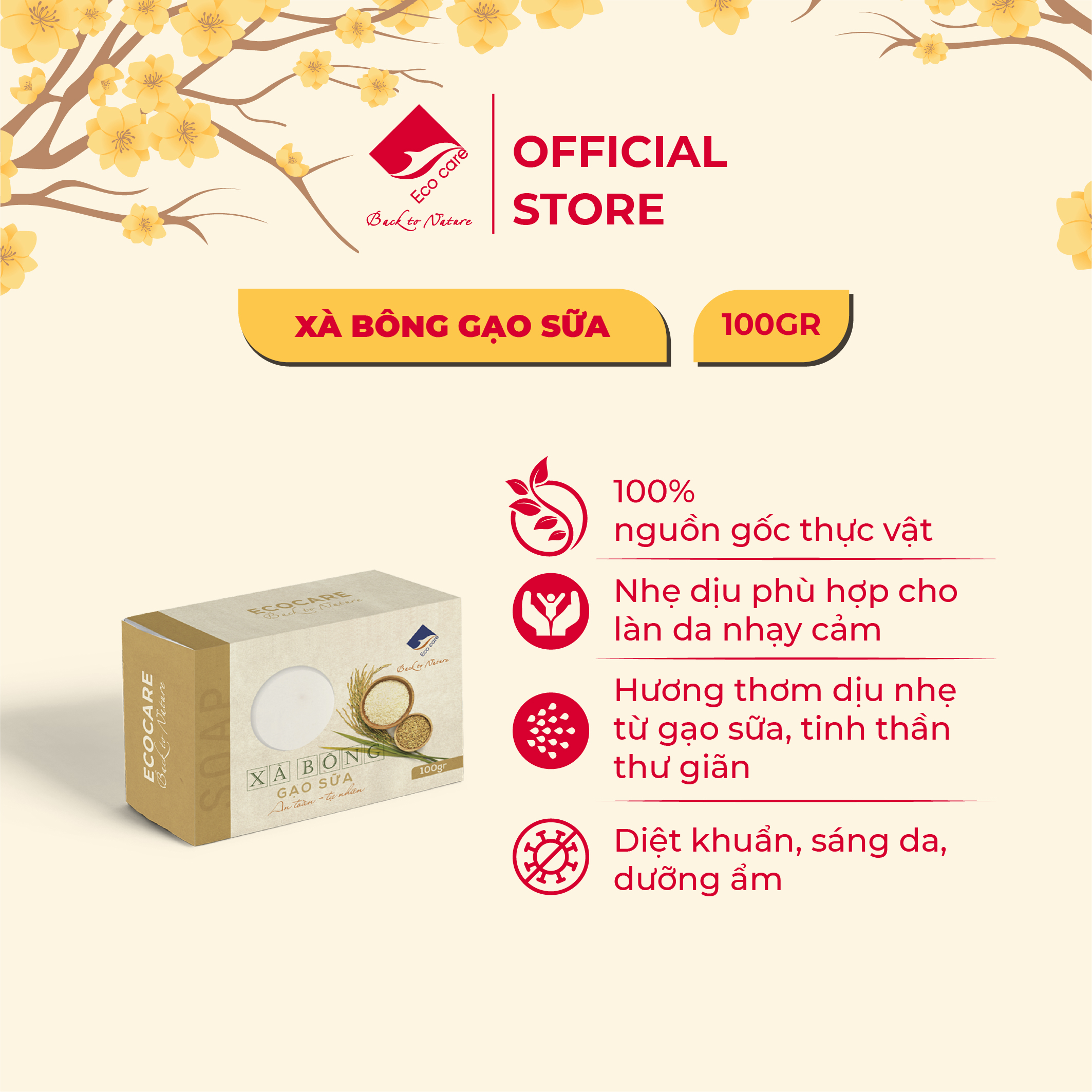 Xà bông Gạo sữa Hưu Cơ (chuẩn Organic), Xà phòng Sữa gạo Ecocare 100gr- Giúp Sáng Da, Tẩy Da Chết, Ngừa Thâm