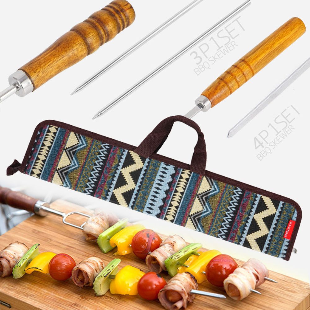 Bộ xiên nướng thịt BBQ inox không rỉ cán gỗ cao cấp kèm túi đựng dùng cho gia đình cắm trại, du lịch, dã ngoại