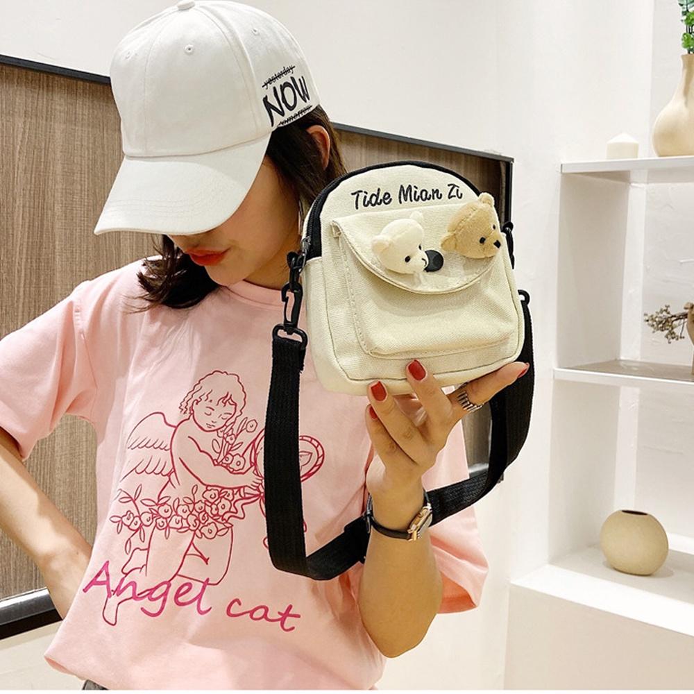 Túi Vải Canvas Đeo Chéo Nữ Nhỏ Gọn Cá Tính Kèm Phụ Kiện Dễ Thương Thời Trang Phong Cách Hàn Quốc