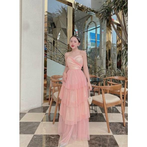 ĐẦM MAXI CÚP NGỰC HỒNG XẾP TẦNG