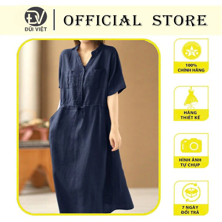 Đầm Váy Linen Túi Hộp, Cổ V Ngắn Tay, Eo Có Dây Rút, Phong Cách Nữ Trẻ Trung Đũi Việt - Xanh Đen - M