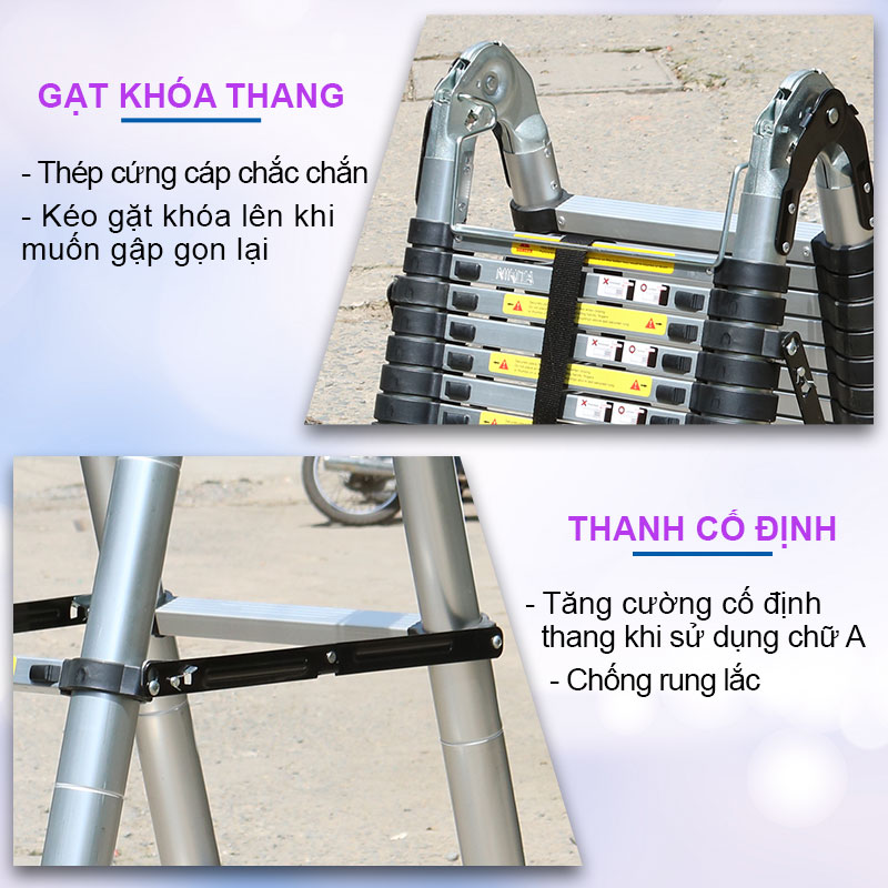 [HOT] Thang nhôm rút đôi có bánh xe di chuyển tiện lợi, thanh giằn gia cố, khóa thang 2 lớp - NIKITA