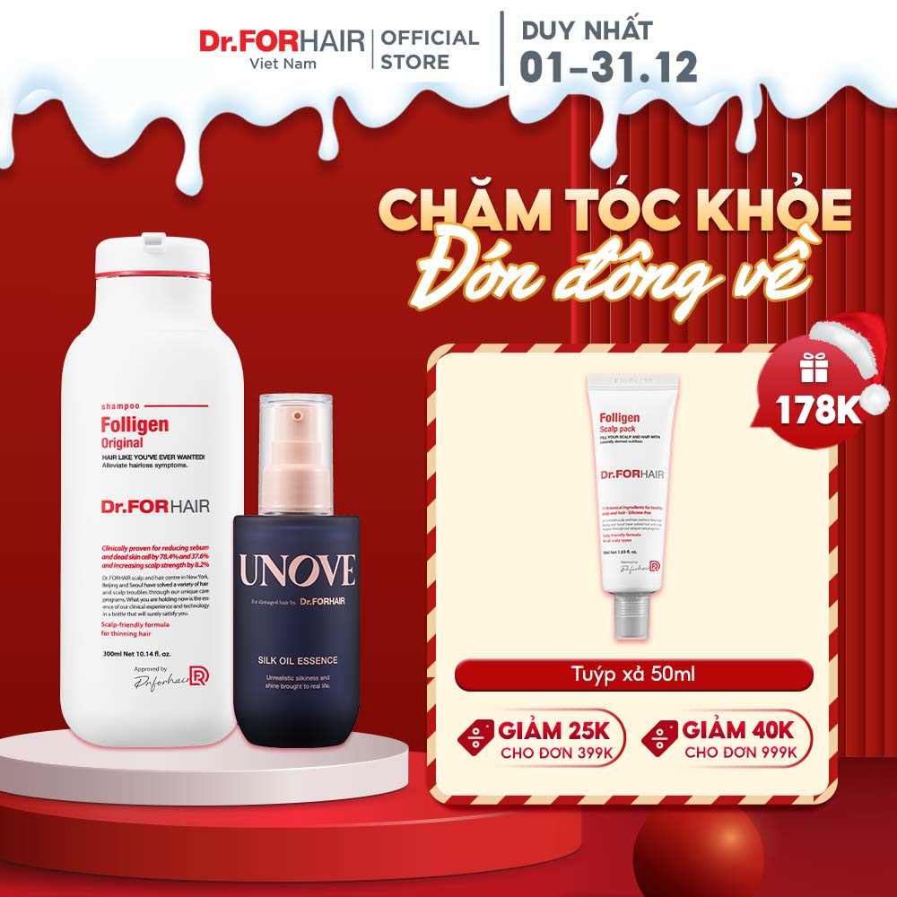 Combo gội dưỡng hỗ trợ mọc tóc nuôi dưỡng tóc và da đầu Dr.FORHAIR Folligen Original Shampoo 300ml x Unove Silk Oil Essence 70ml
