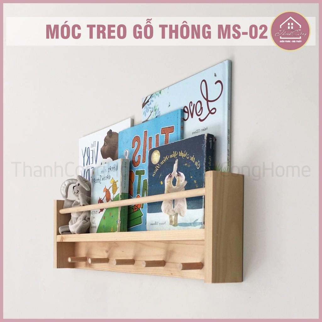 Móc Treo Gỗ Thông Decor, Móc Kết Hợp Kệ Sách Gắn Tường