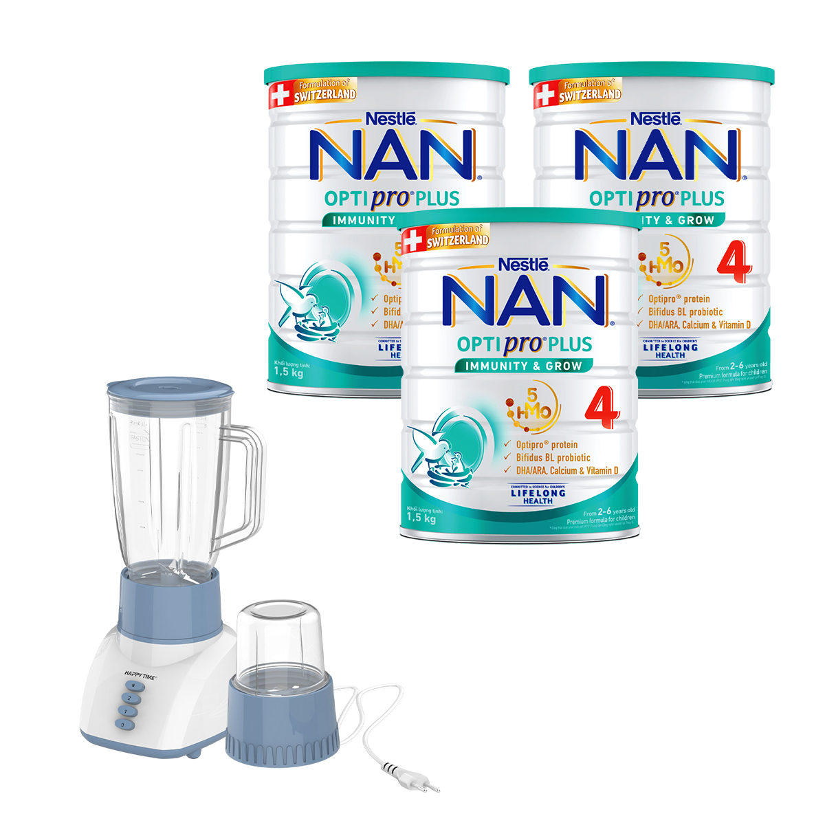 Bộ 3 lon Sữa bột Nestlé NAN OPTIPRO PLUS 4 1500g/lon với 5HMO Giúp tiêu hóa tốt - Tăng cường đề kháng + Tặng Máy xay sinh tố Sunhouse