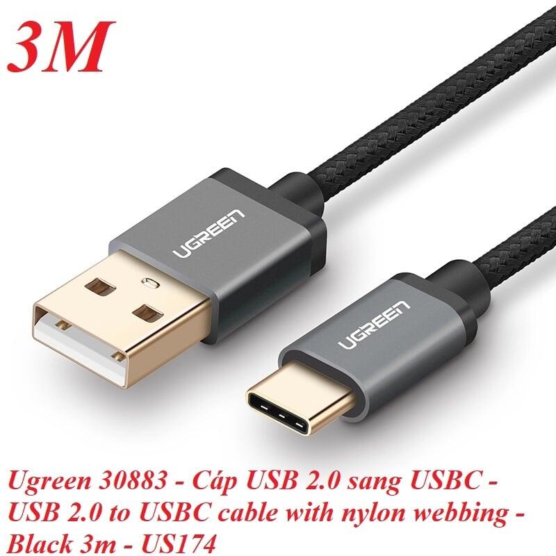 Ugreen UG30883US174TK 3M 3A Màu Đen Cáp USB TypeC sang USB 2.0 Hỗ trợ sạc nhanh dây bên Nylon - HÀNG CHÍNH HÃNG