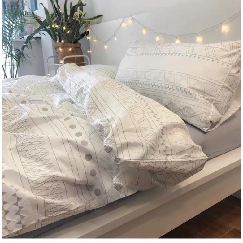 Bộ Chăn Ga Gối Cotton Living 100%cotton Hàng Nhập Khẩu Cao Cấp Mẫu Kẻ Thổ Cẩm Trắng Đơn Giản Độc Lạ