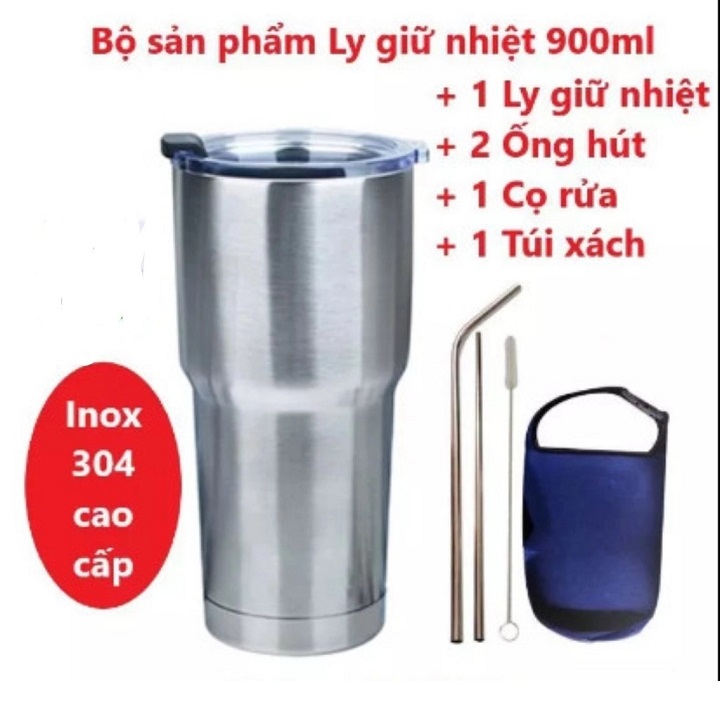 Combo Ly Giữ Nhiệt Tặng Kèm Ống Hút Inox + Túi Giữ Nhiệt + Nắp Chống Tràn + Cây Cọ Rửa