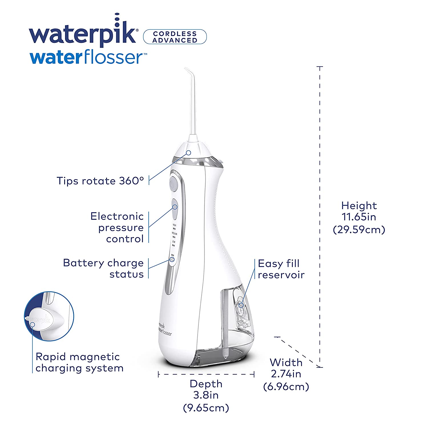 Máy tăm nước cầm tay Waterpik  Cordless Advanced WP-560 + Tặng đầu tăm vệ sinh lưỡi