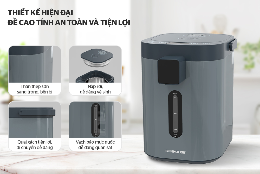 Bình thủy điện Sunhouse SHD1440, Công suất 680W, Dung tích 3.2 Lít, Chất liệu ruột bình inox 304, Điều khiển cảm ứng, Có thể tùy chỉnh nhiệt độ nước với 11 mức nhiệt từ 40 - 90 độ, Bảo hành 12 tháng - Hàng chính hãng