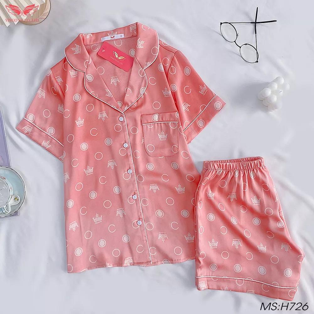 Đồ bộ nữ mặc nhà Pijama VINGO lụa Gấm tay ngắn quần đùi hoạ tiết vương miện dễ thương mặc mùa Hè thoải mái H726 VNGO