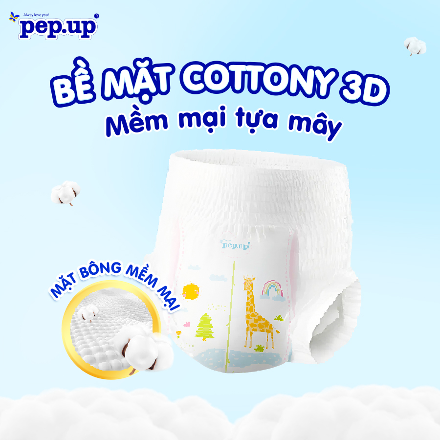 Combo 6 gói Tã/Bỉm Quần Em Bé Pep.up Cottony 3D Gói Nhỏ Siêu Mềm Mại, Siêu Khô Thoáng, Kháng Khuẩn Size S/M/L/XL
