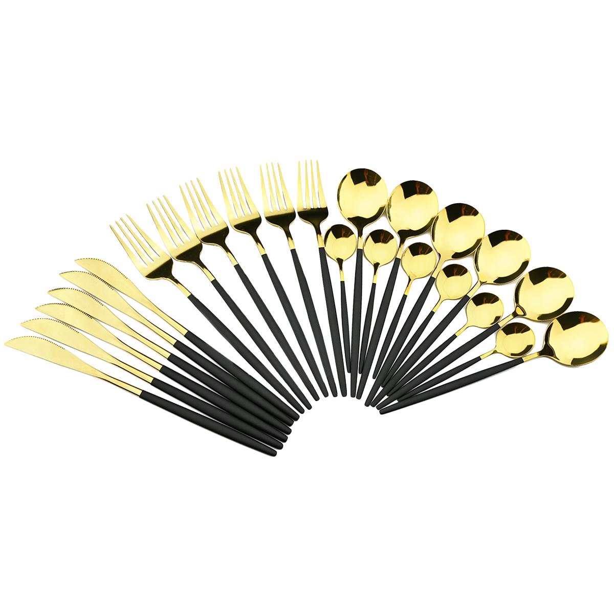 24 Cái/bộ Thép Không Gỉ Ăn Tối Đen Vàng Chén Ăn Bộ Bộ Dao Muỗng Nĩa Thìa Cà Phê Bộ Dao Kéo Nhà Bếp Bộ Đồ Ăn Kiềng Bạc Bộ