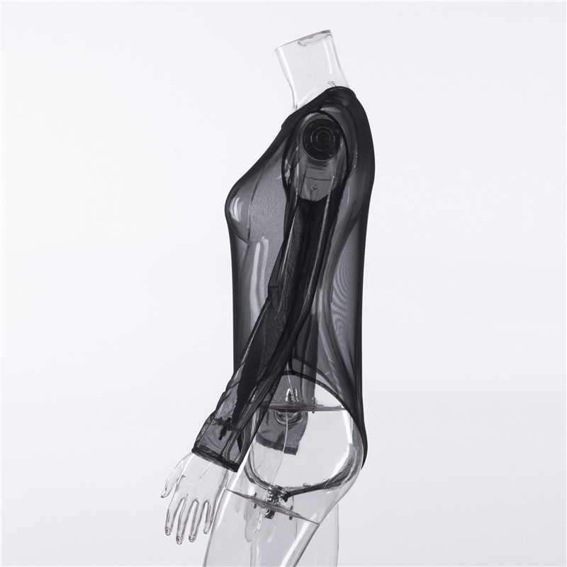 Bodysuit Dài Tay Ôm Body Cổ Tròn Lưới Xuyên Thấu