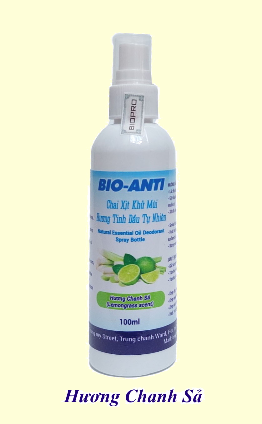 Chai 100ml. Chai xịt khử mùi hương tinh dầu tự nhiên BIO-ANTI loại bỏ mùi hôi, kháng khuẩn, thư giãn, thơm mát